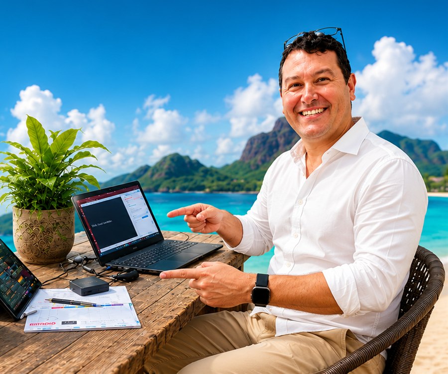 Conrad of Traville Travel planning trips from a beachside desk in the Indian Ocean