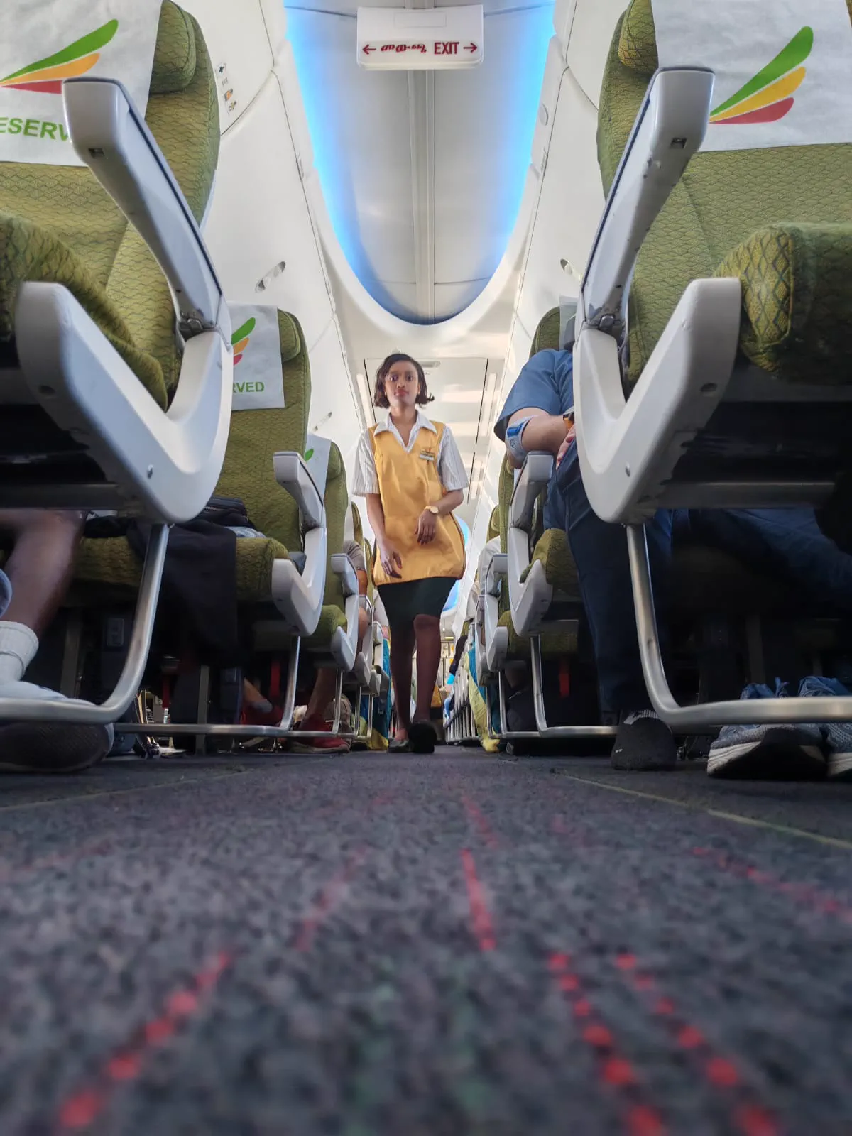 The cabin of an Ethiopian Airlines flight with a cabin attendant in the aisle on the way home