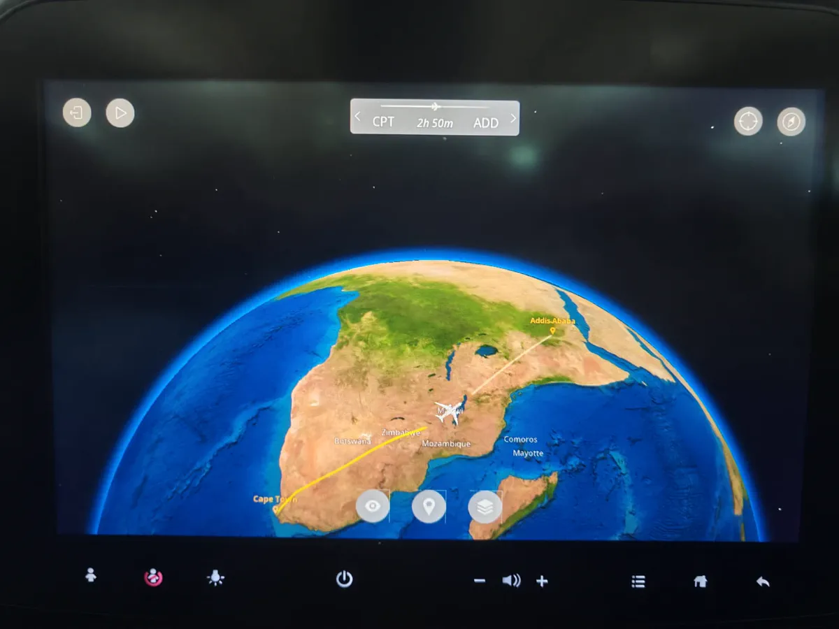 In-flight moving map showing the Ethiopian Airlines route from Cape Town to Addis Ababa over Africa