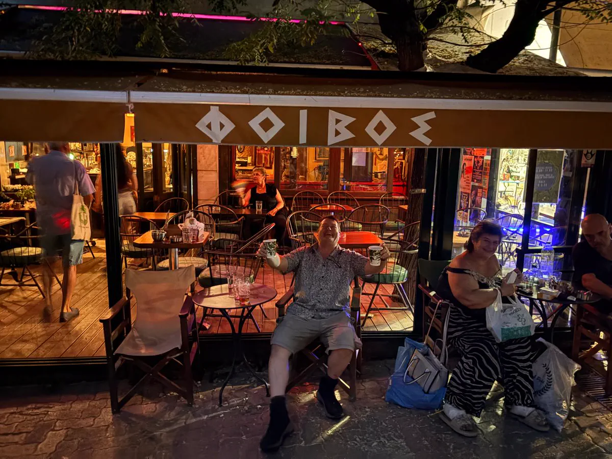 Evening at Foivos bar in an Athens square, sitting out among locals with a drink