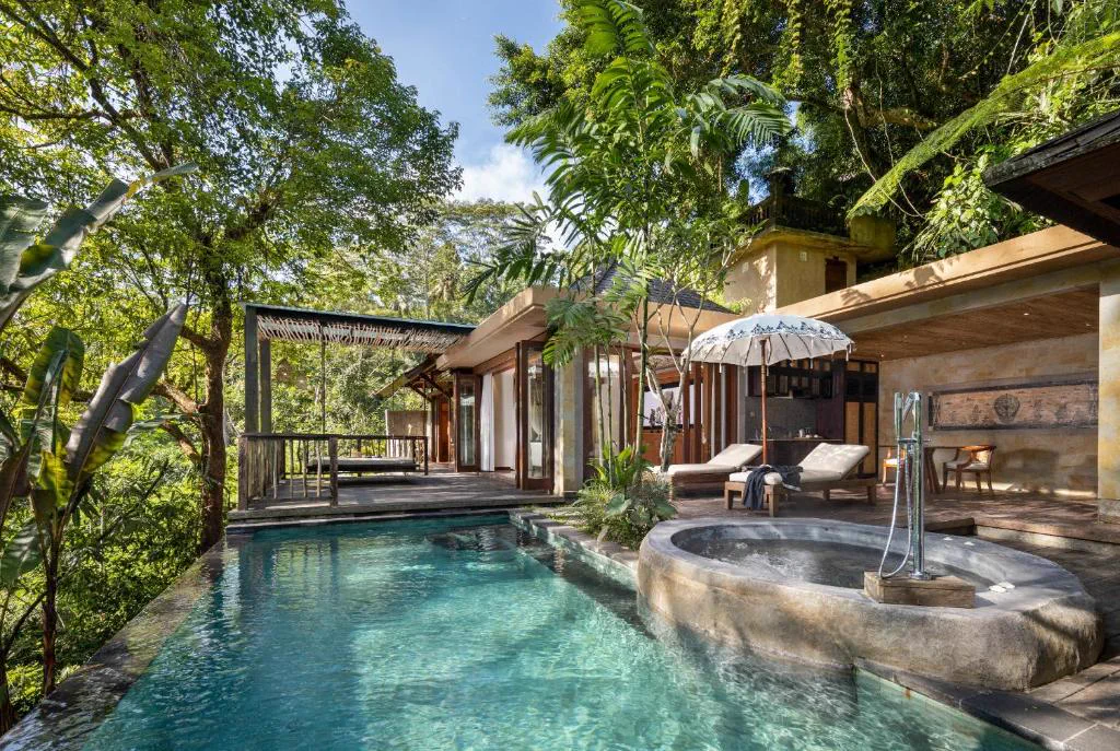 Private villa with a plunge pool and stone bath surrounded by jungle