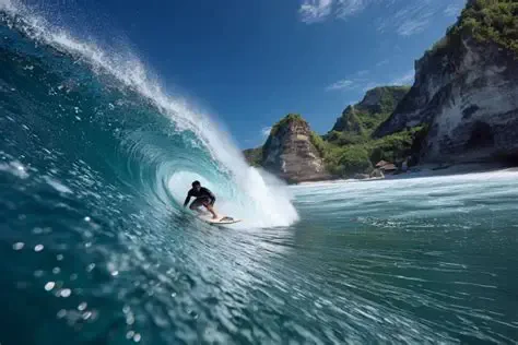Surfer riding inside a barrelling wave below green cliffs