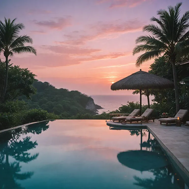 Infinity pool and thatched sala overlooking the sea at sunset