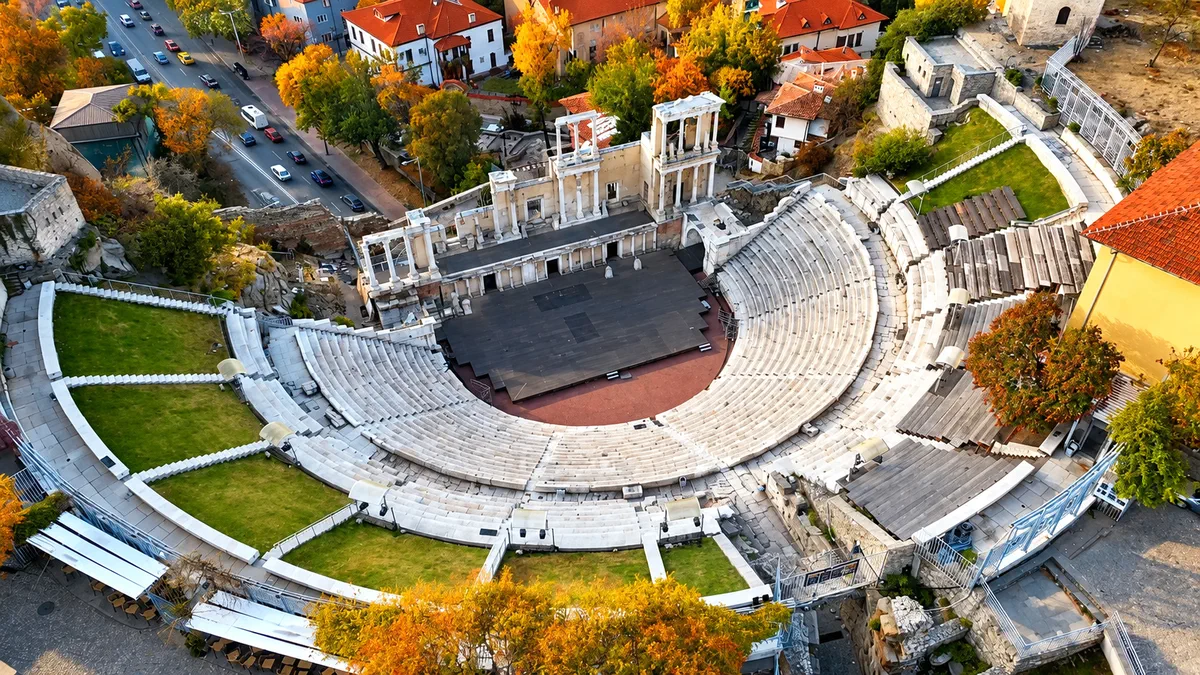The Roman theatre of Plovdiv from above, Bulgaria