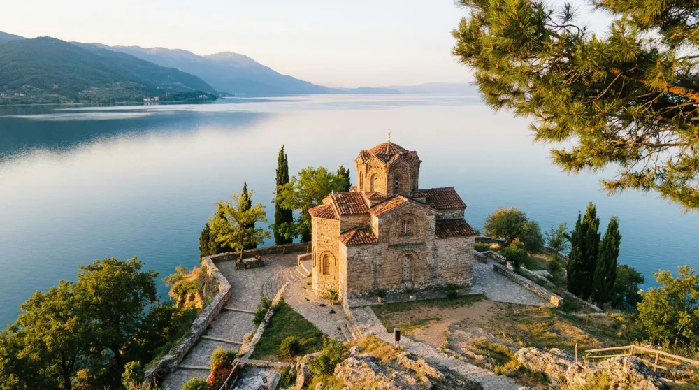 The Church of St John at Kaneo on a cliff above Lake Ohrid, North Macedonia