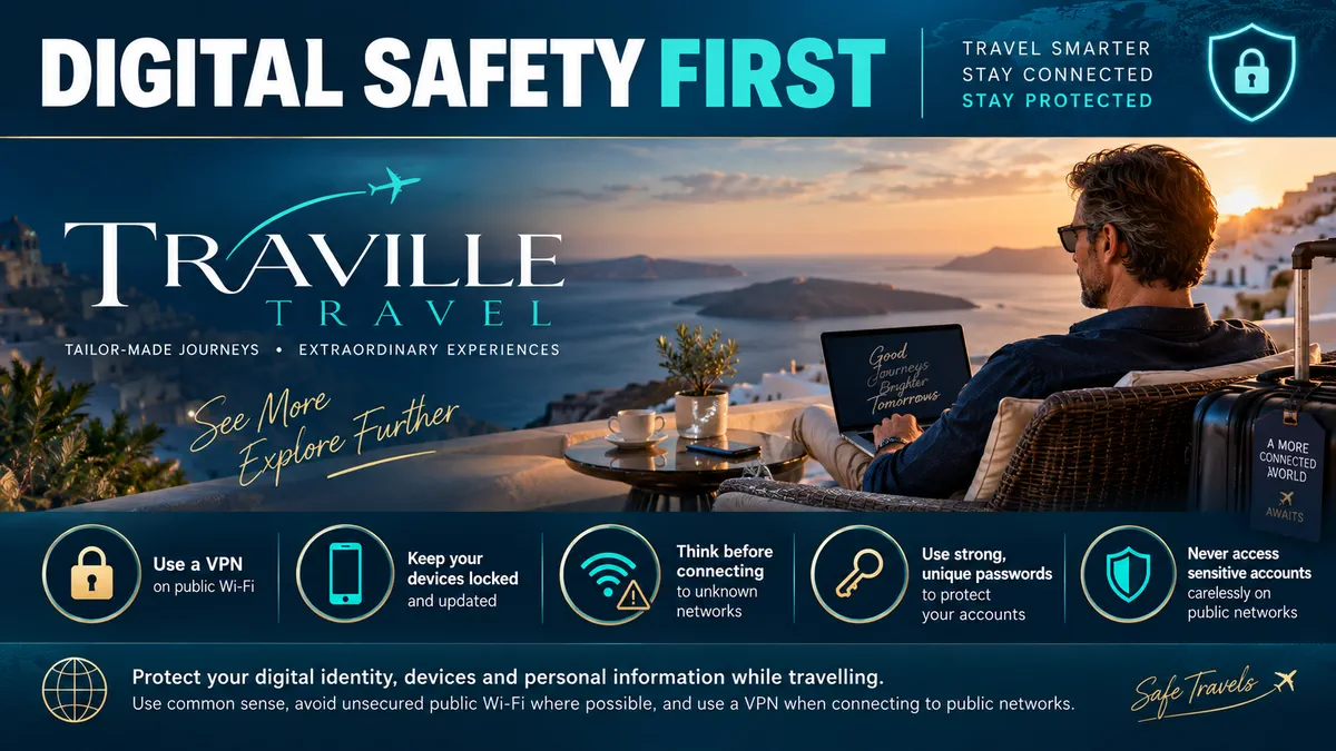 Traville Digital Safety First banner listing key tips for staying secure while travelling — VPN, locked devices, unknown networks, strong passwords, sensitive accounts