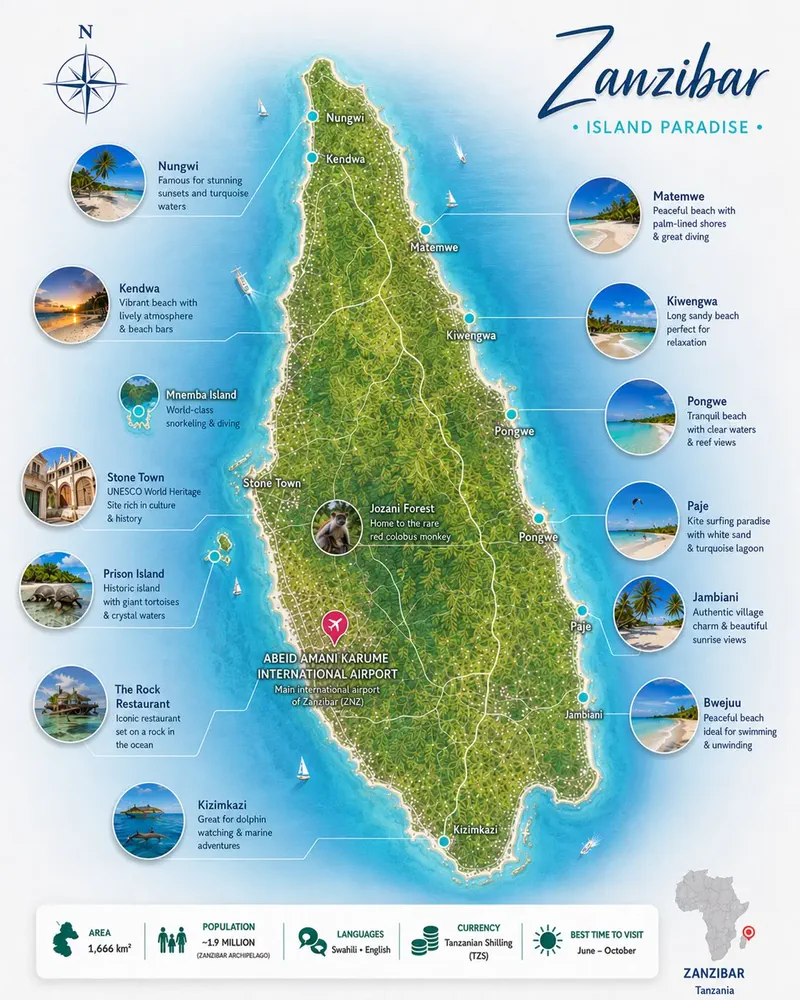Illustrated map of Zanzibar showing Nungwi, Kendwa, Matemwe, Paje, Jambiani, Stone Town and Mnemba Atoll