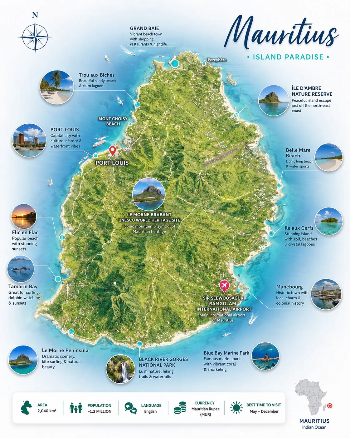 Illustrated map of Mauritius showing its coastal regions and landmarks
