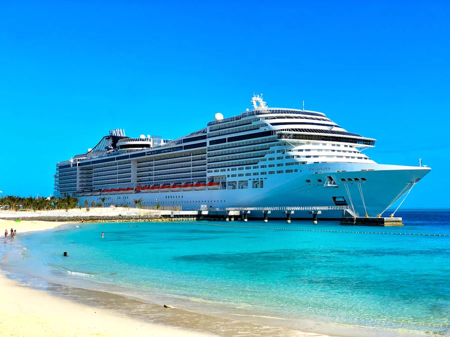 Cruise ship sailing through calm ocean waters