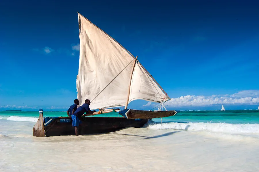 Traditional dhow sailing off Zanzibar at sunset
