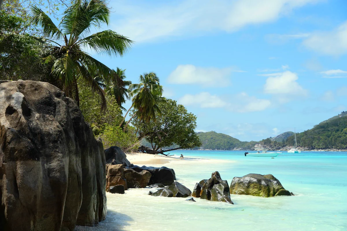 Granite boulders and palm trees above a white-sand beach and turquoise water in the Seychelles